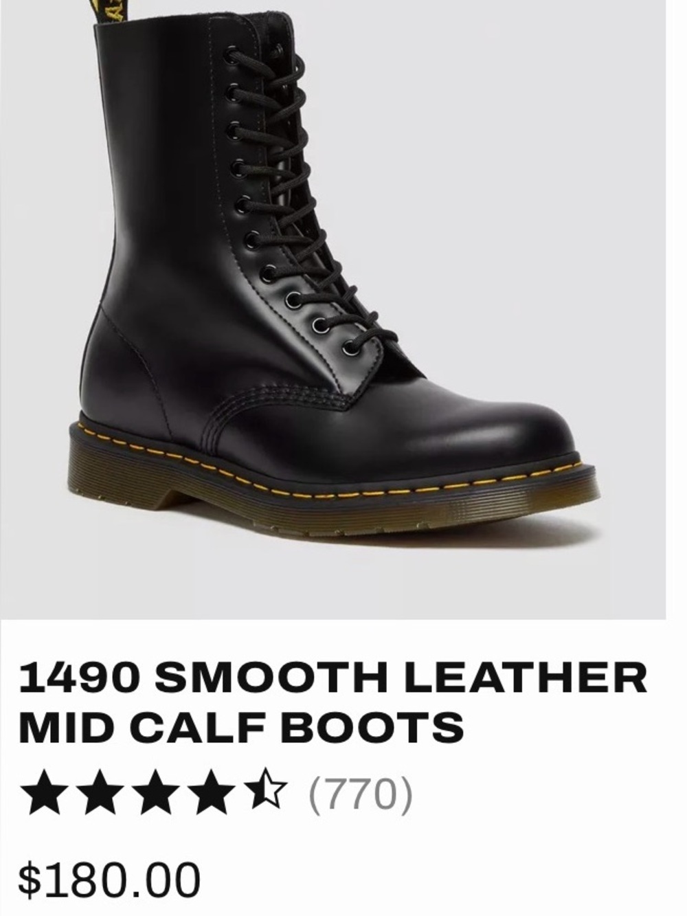 Dr. Martens Black Lace-Up 1490 Mid-Calf Boots with Yellow Stitching
